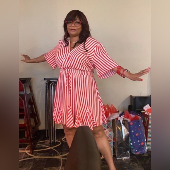 MINI DRESS: Yellow & White V Neck Striped Mini Dress w/Wrap & Ruffle Hem, NWOT - Picture 8 of 16